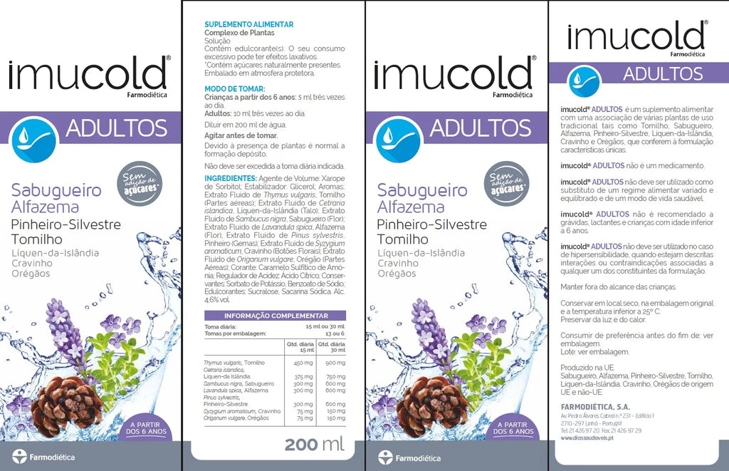 composição de Imucold Xarope Adulto 200 ml	 Imucold Xarope Adulto 200 ml - Farmodiética