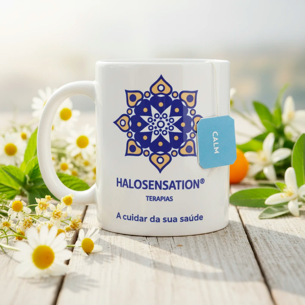 caneca com a infusão calm