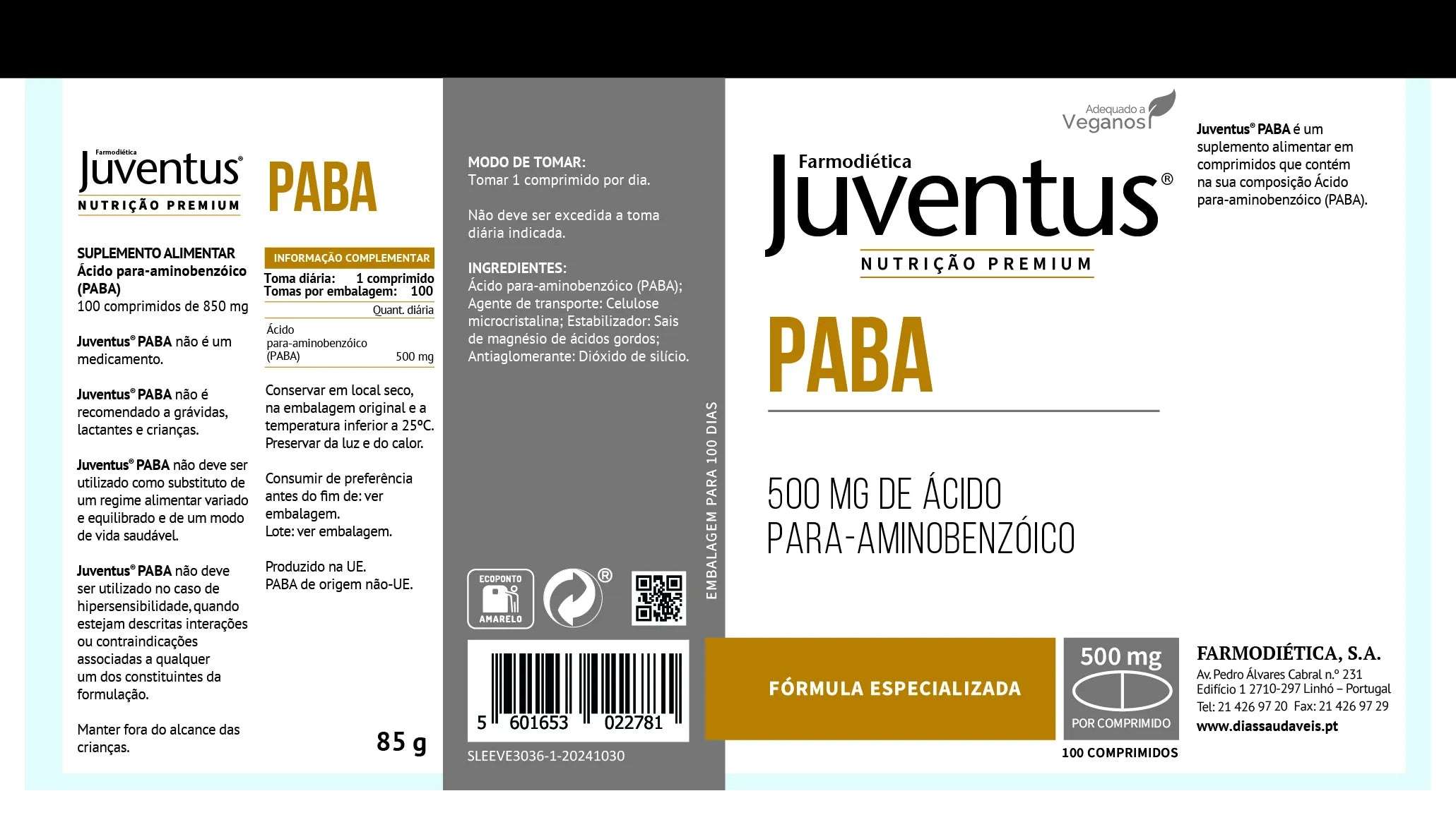 Composição da Juventus PABA 100 comprimidos - Farmodiética - Halosensation
