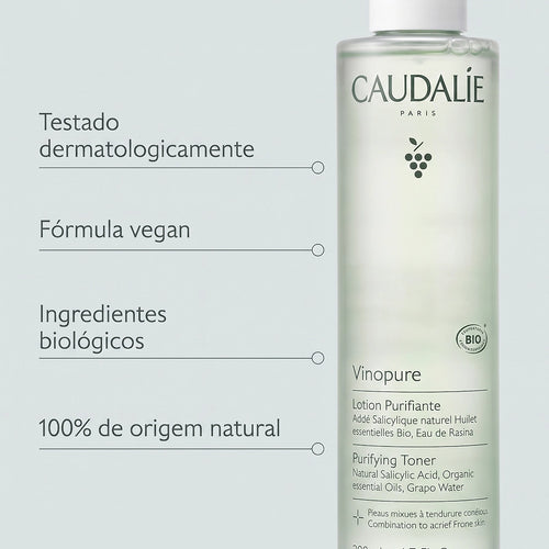 Caudalie Vinopure Loção Purificante 200ml - Tónico Facial com Ácido Salicílico para Pele Oleosa