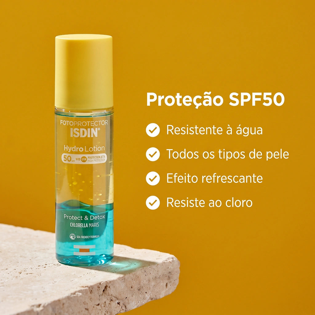 ISDIN Hydro Lotion Protect & Detox SPF50 200ml - Bifásica com Chlorella Maris