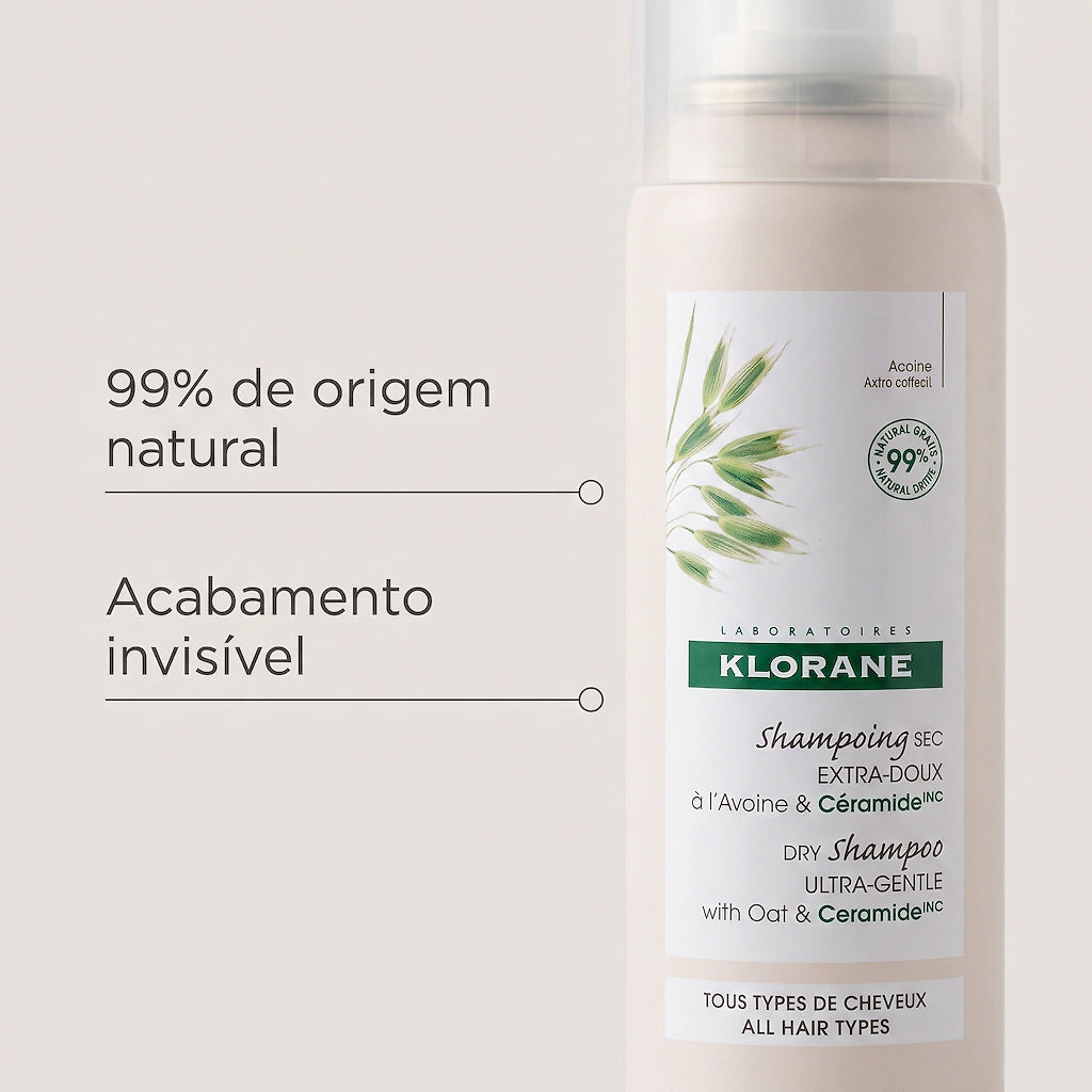 Klorane Champô Seco Aveia e Ceramida 50ml - Limpeza em 2 Minutos, 99% Natural